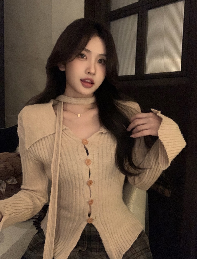 V-neck France style slim pinched waist cardigan