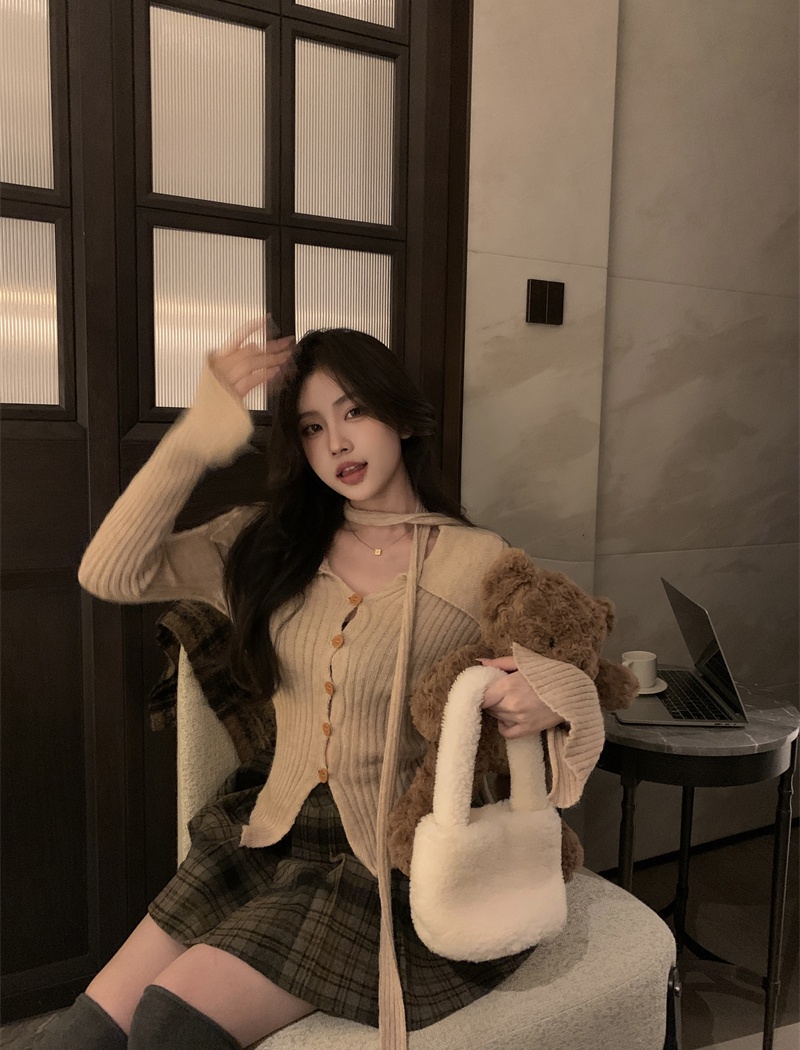 V-neck France style slim pinched waist cardigan