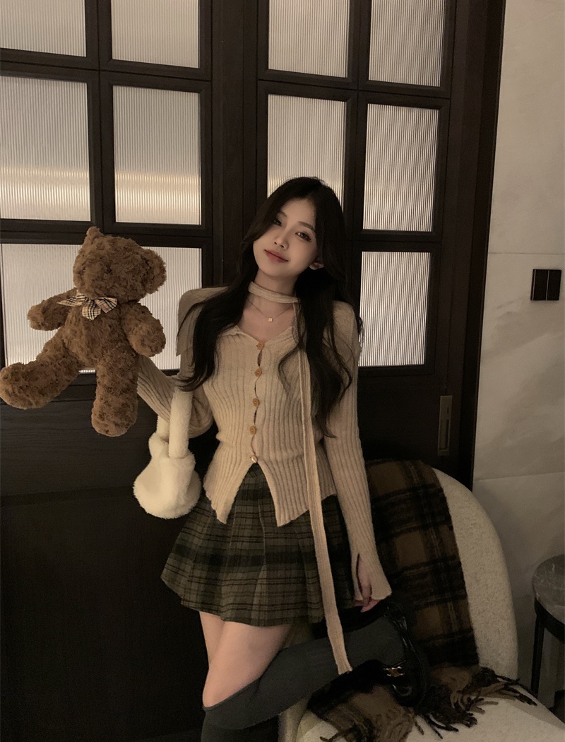 V-neck France style slim pinched waist cardigan