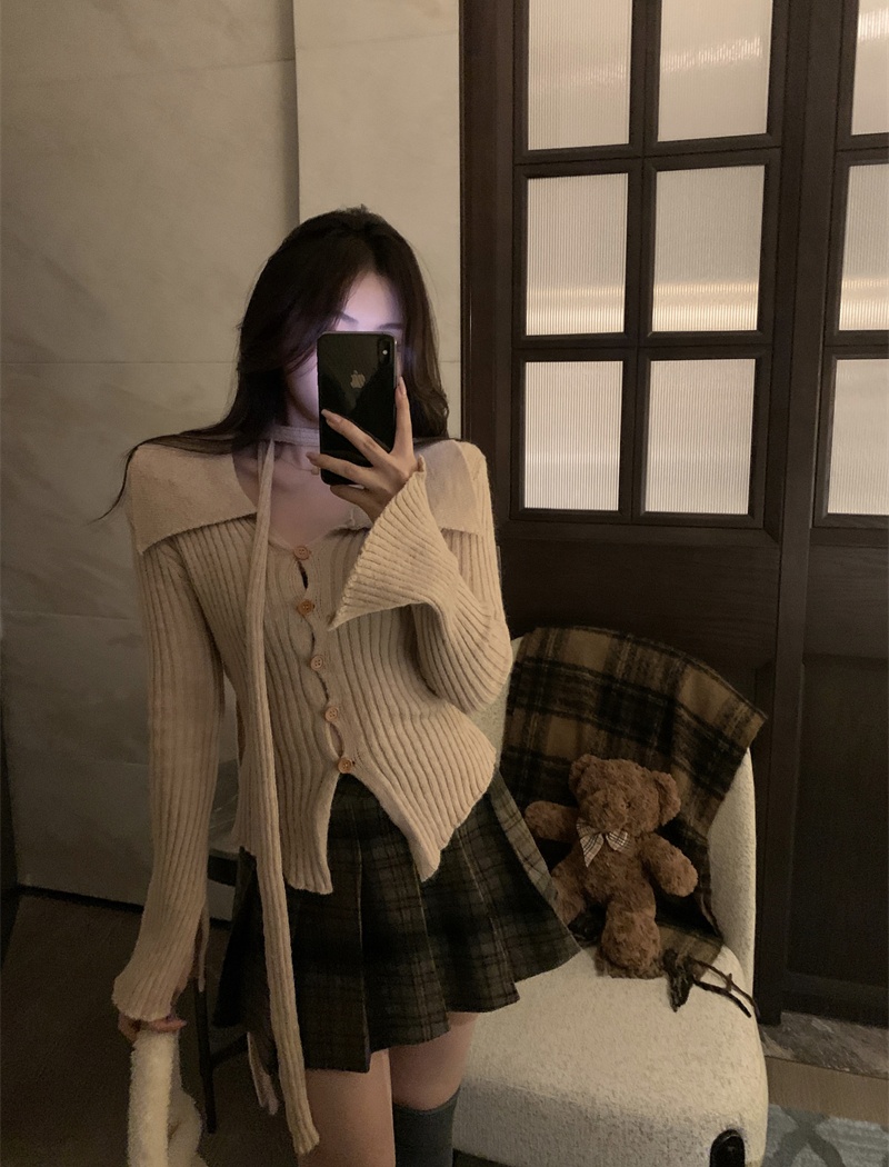 V-neck France style slim pinched waist cardigan