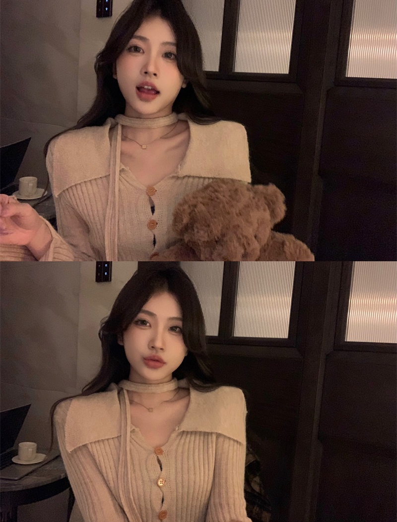 V-neck France style slim pinched waist cardigan