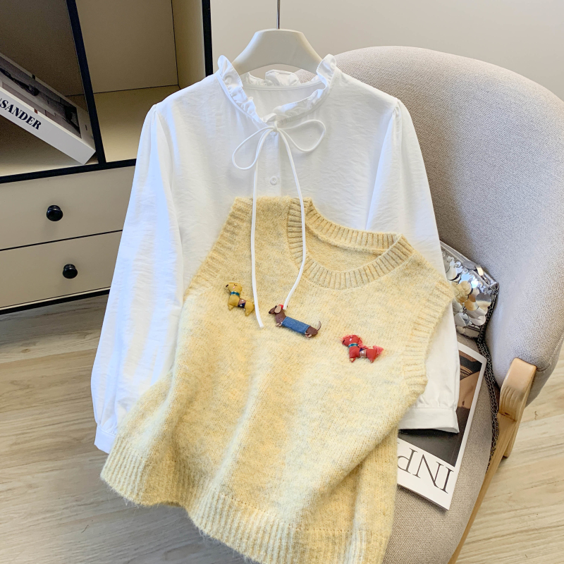 Puppy decoration waistcoat bow shirt 2pcs set