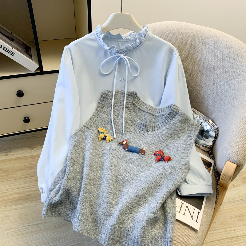 Puppy decoration waistcoat bow shirt 2pcs set