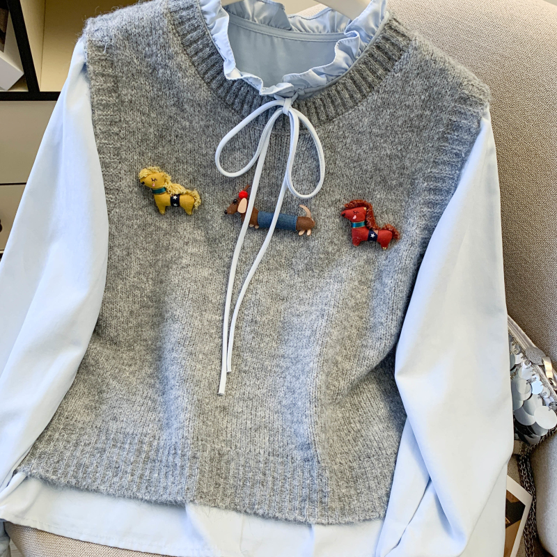 Puppy decoration waistcoat bow shirt 2pcs set