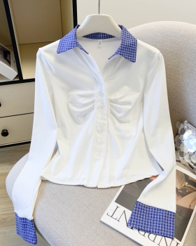 Mixed colors knitted tops plaid fold T-shirt