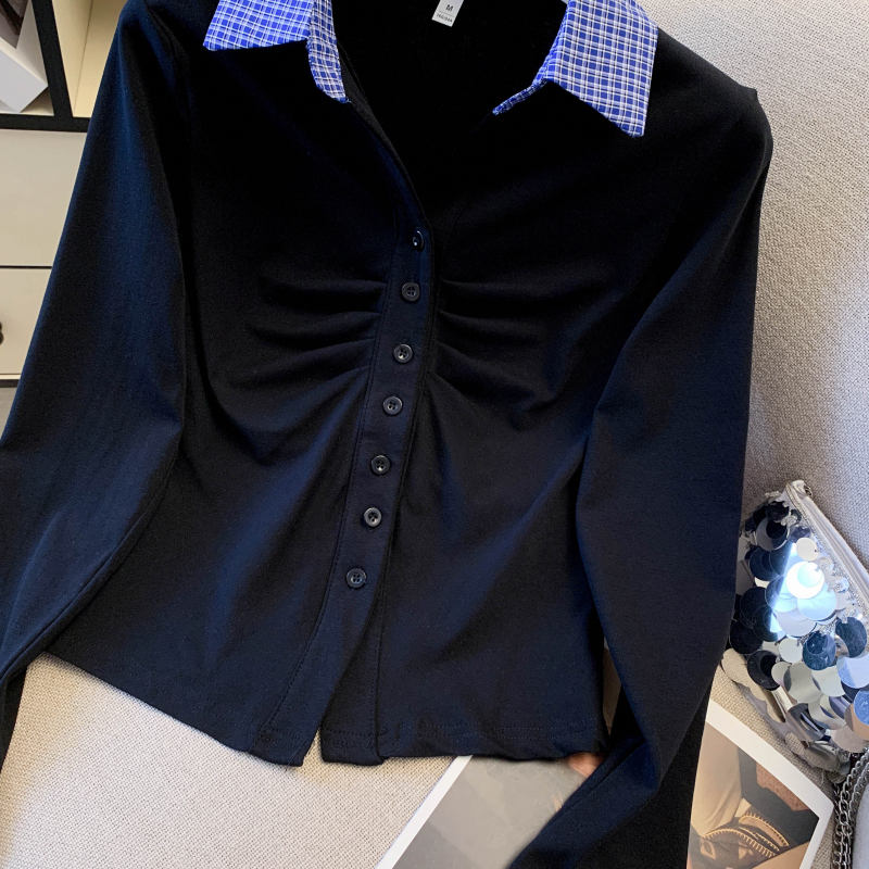 Mixed colors knitted tops plaid fold T-shirt