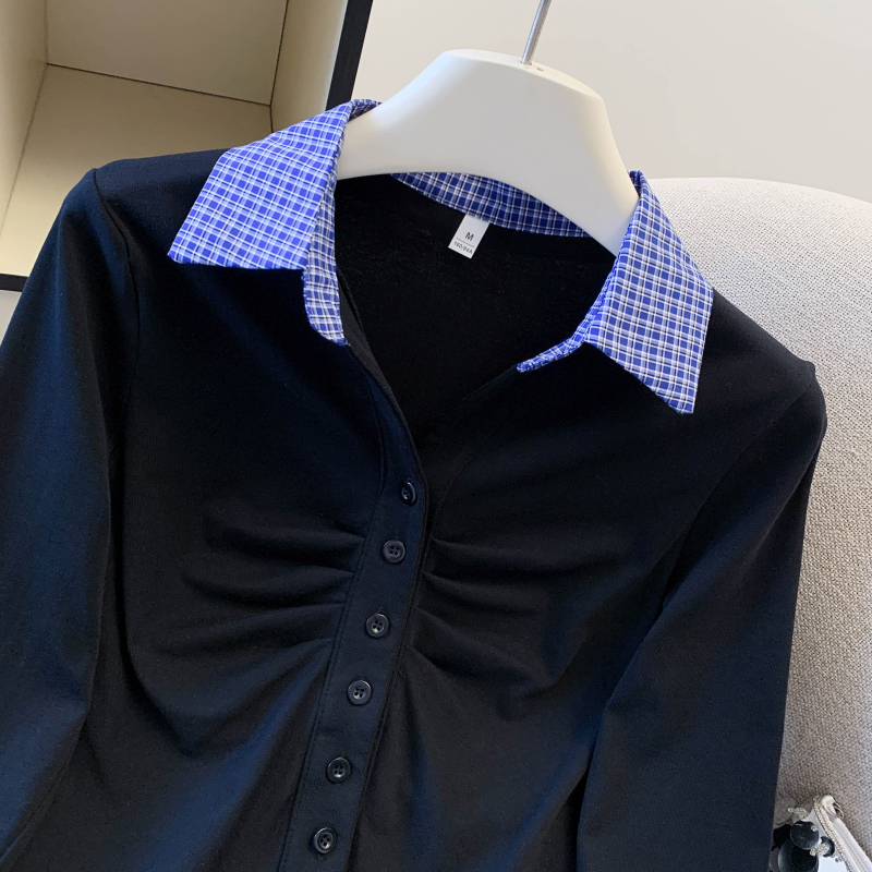 Mixed colors knitted tops plaid fold T-shirt