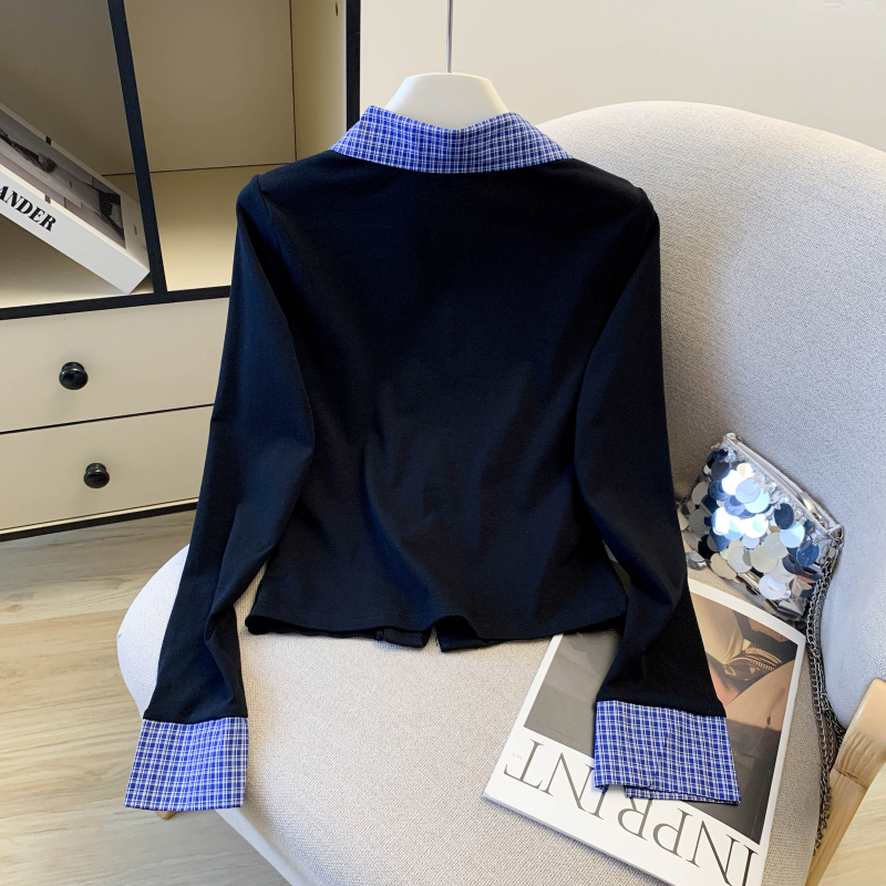 Mixed colors knitted tops plaid fold T-shirt