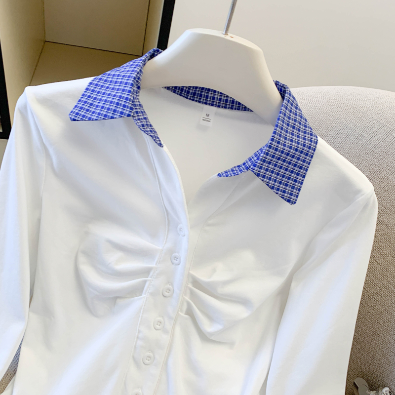 Mixed colors knitted tops plaid fold T-shirt