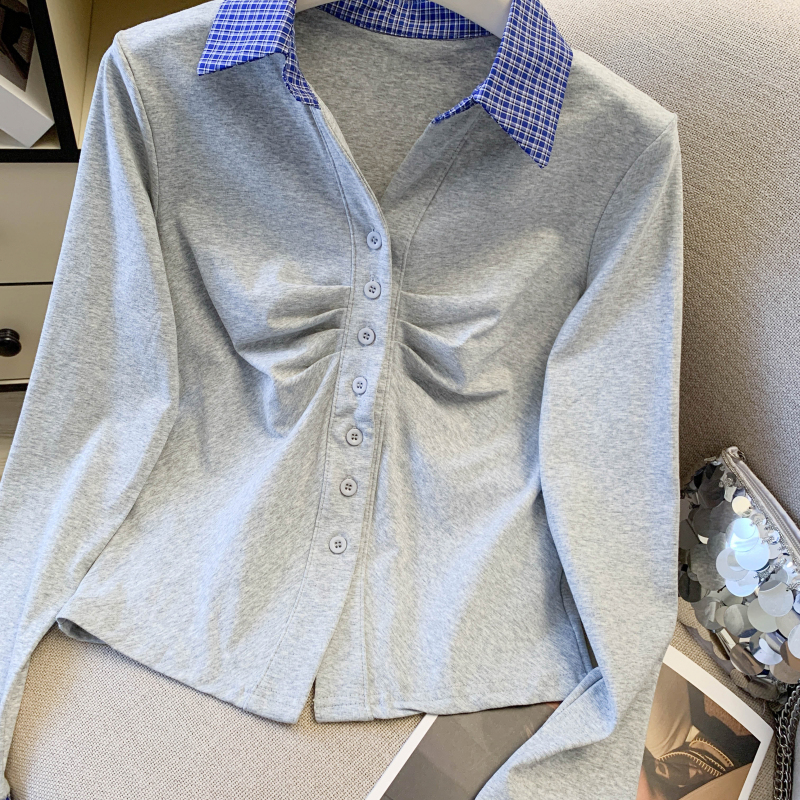 Mixed colors knitted tops plaid fold T-shirt