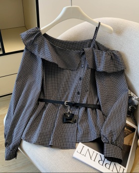 Western style plaid tops long sleeve strapless shirt