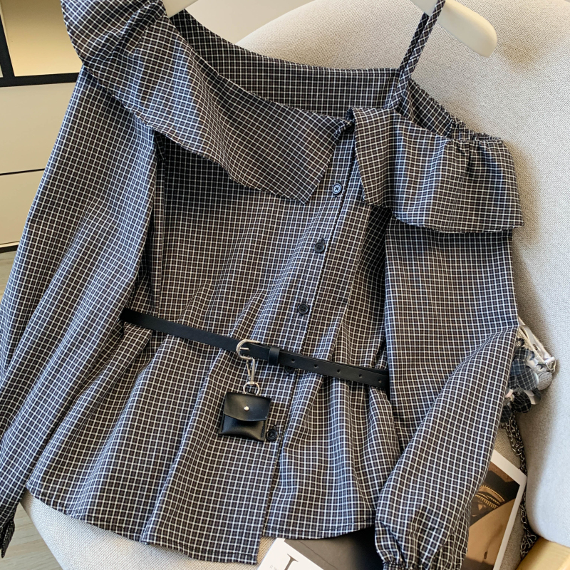 Western style plaid tops long sleeve strapless shirt