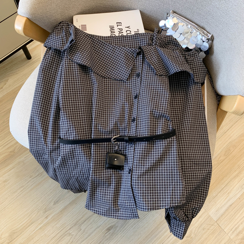 Western style plaid tops long sleeve strapless shirt