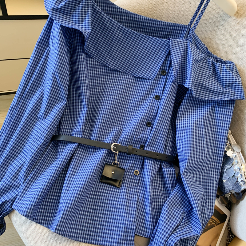 Western style plaid tops long sleeve strapless shirt