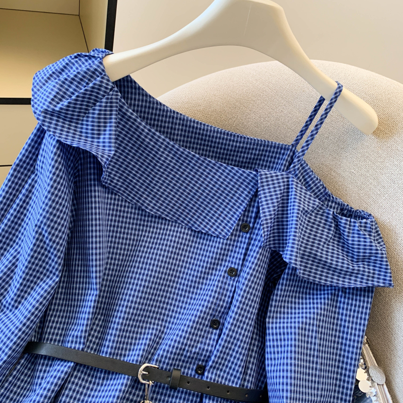 Western style plaid tops long sleeve strapless shirt