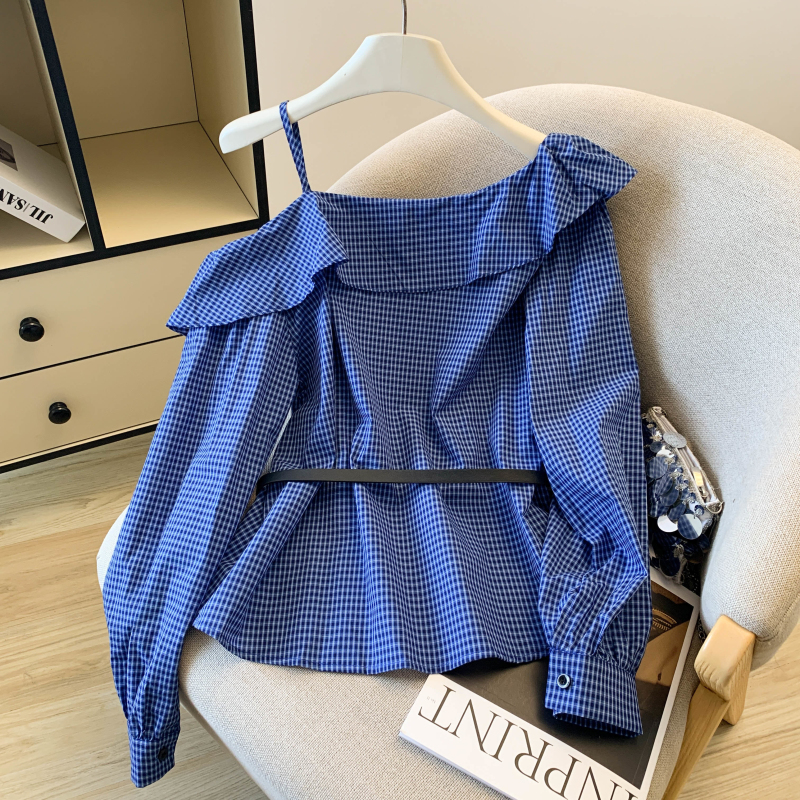 Western style plaid tops long sleeve strapless shirt