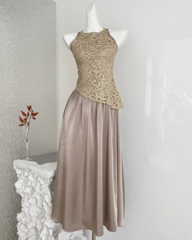 Sleeveless splice dress satin temperament long dress