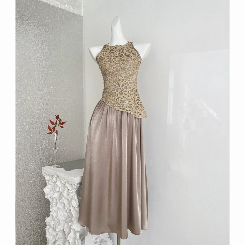 Sleeveless splice dress satin temperament long dress