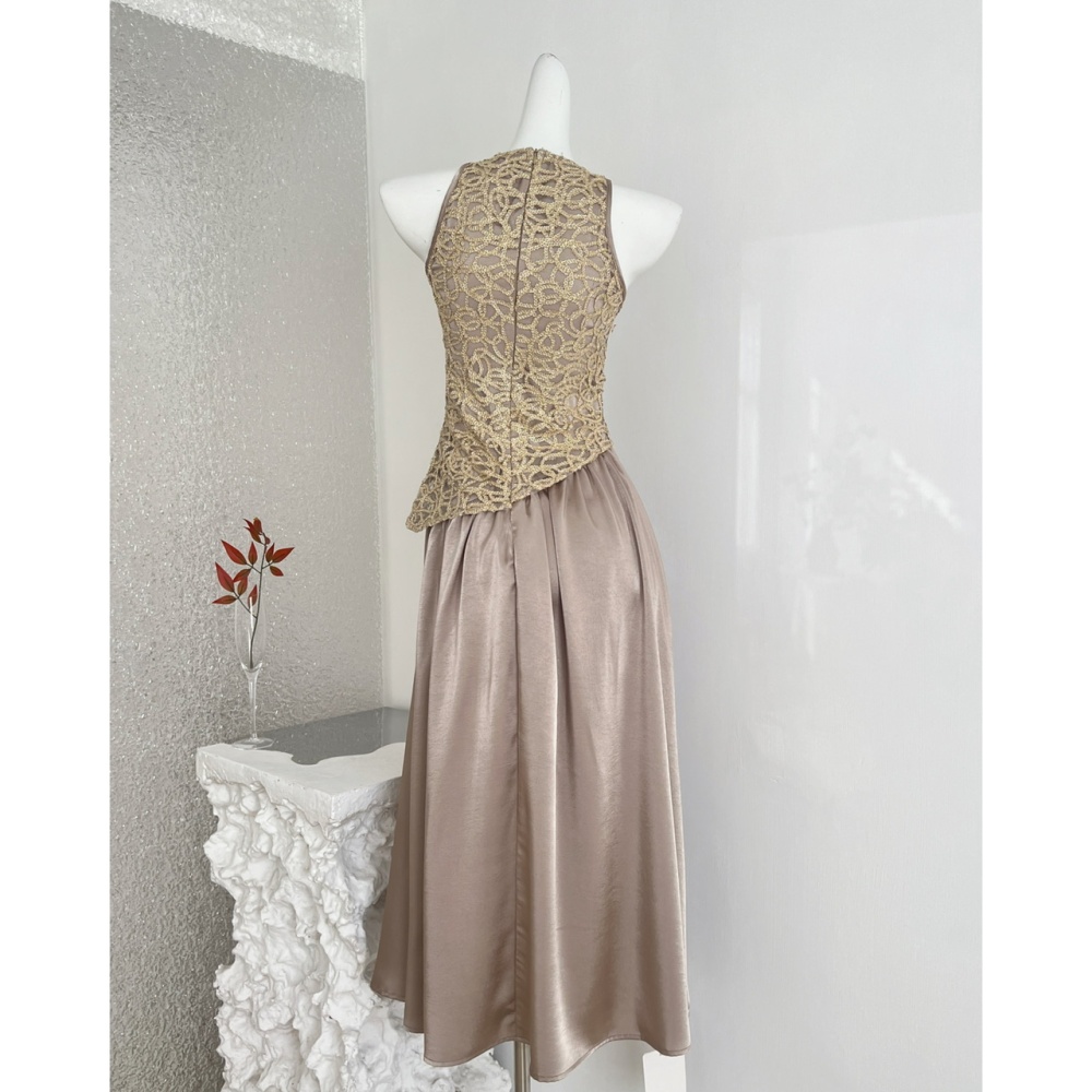 Sleeveless splice dress satin temperament long dress