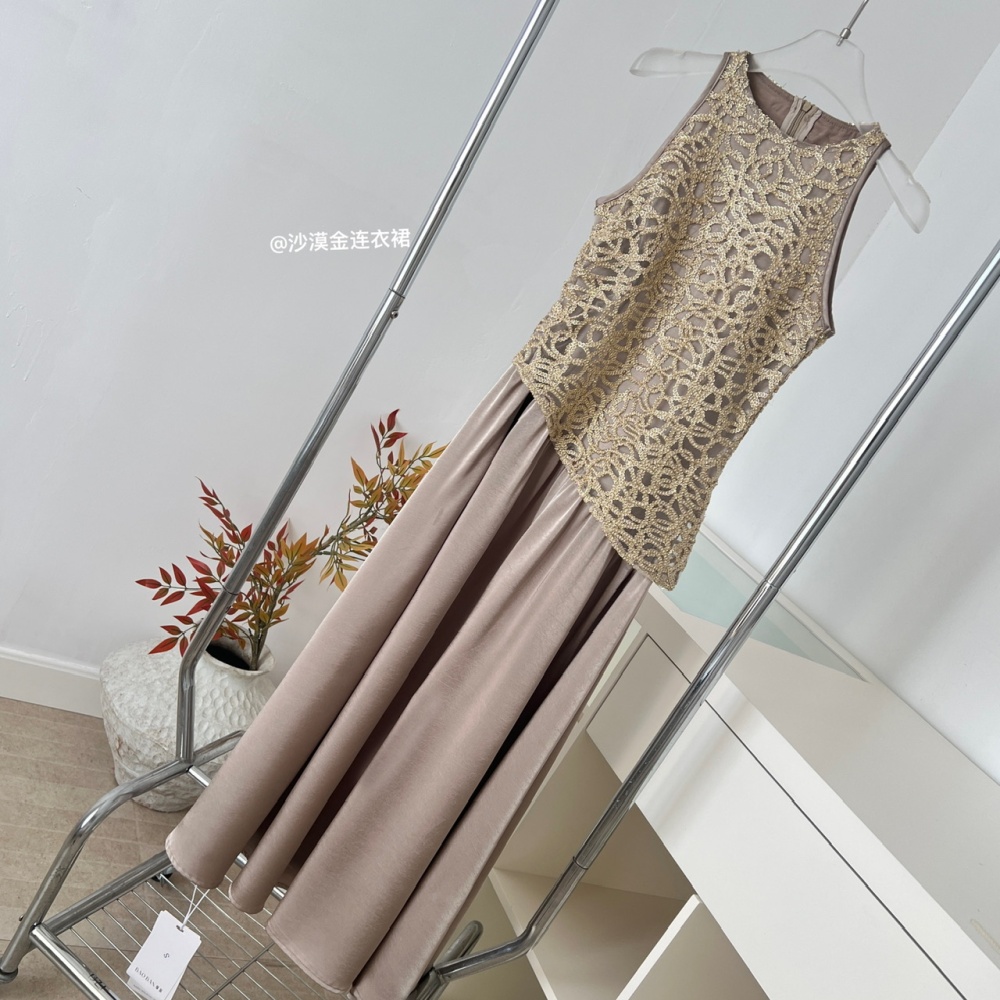 Sleeveless splice dress satin temperament long dress