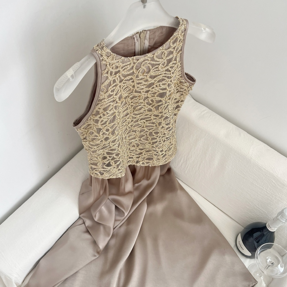 Sleeveless splice dress satin temperament long dress