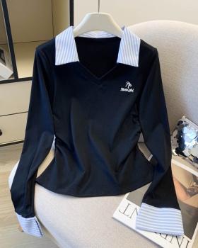 Splice Pseudo-two tops slim embroidery T-shirt for women