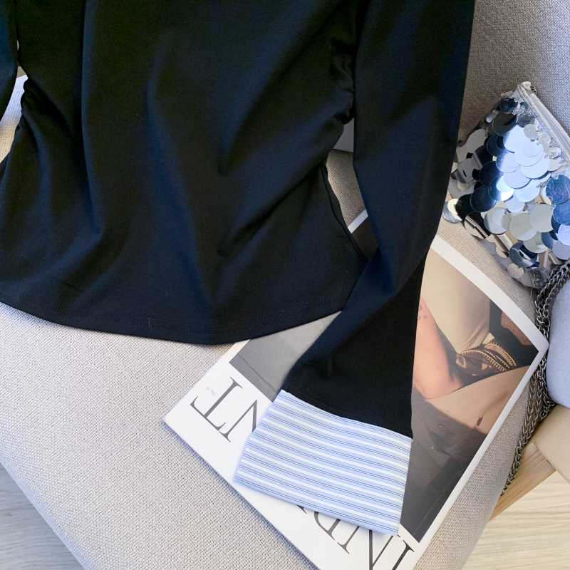 Splice Pseudo-two tops slim embroidery T-shirt for women