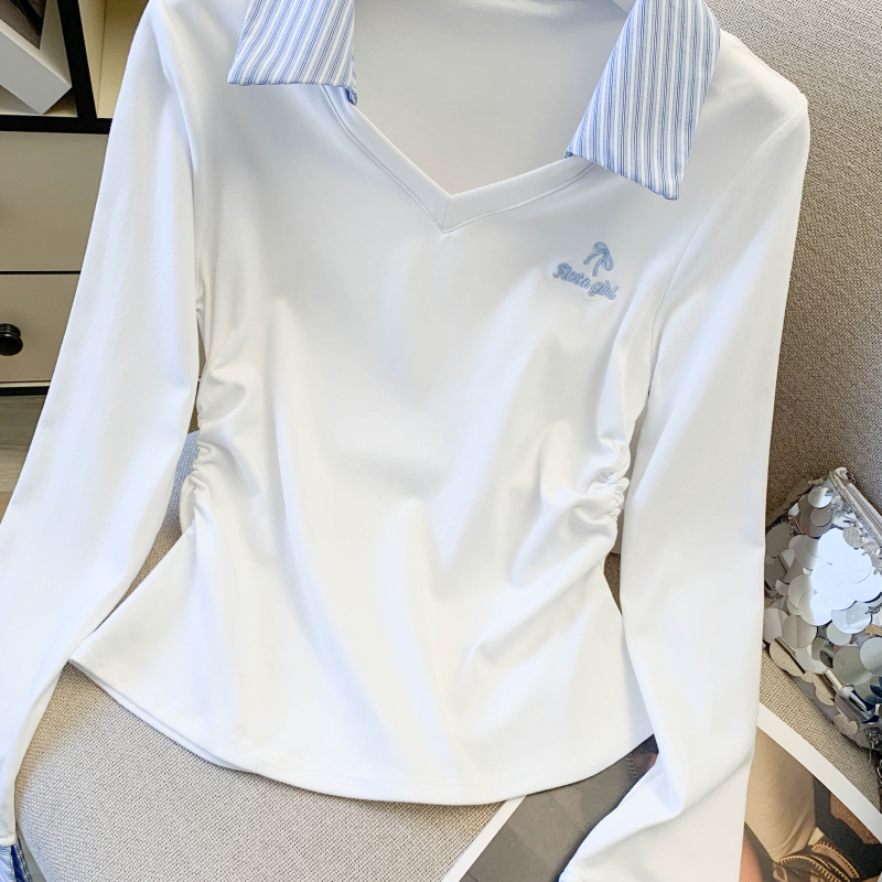 Splice Pseudo-two tops slim embroidery T-shirt for women