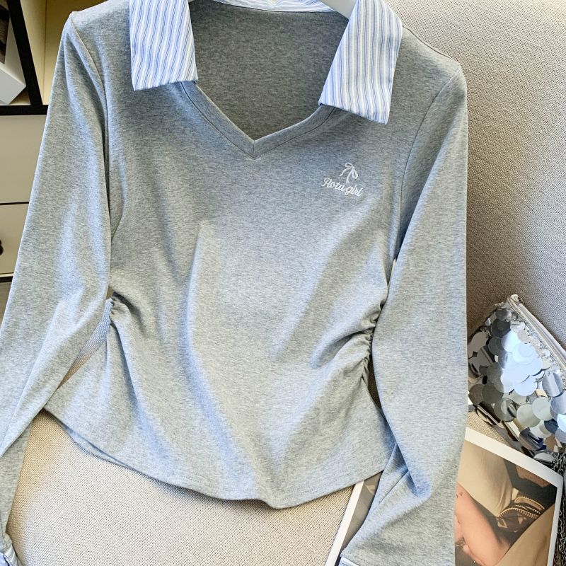 Splice Pseudo-two tops slim embroidery T-shirt for women