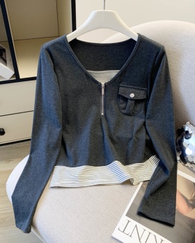 Splice long sleeve tops Pseudo-two T-shirt for women