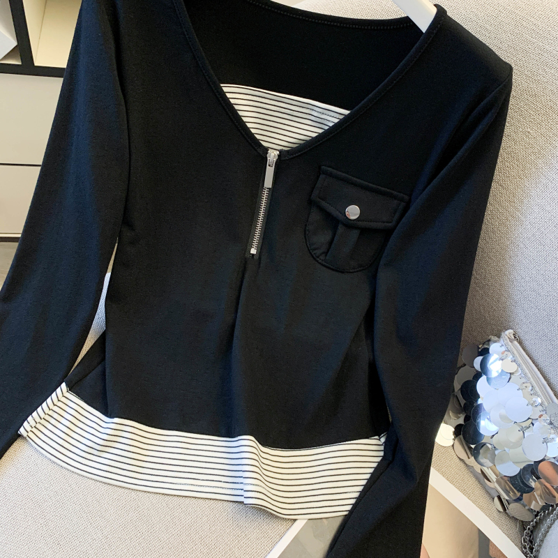 Splice long sleeve tops Pseudo-two T-shirt for women