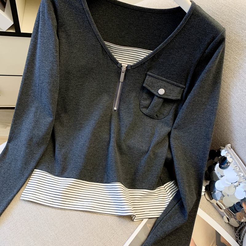 Splice long sleeve tops Pseudo-two T-shirt for women