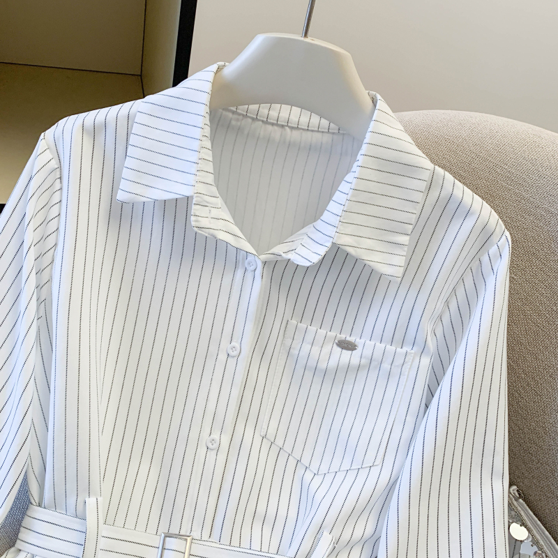 Slim pinched waist shirt stripe loose tops for women