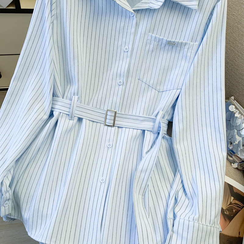 Slim pinched waist shirt stripe loose tops for women