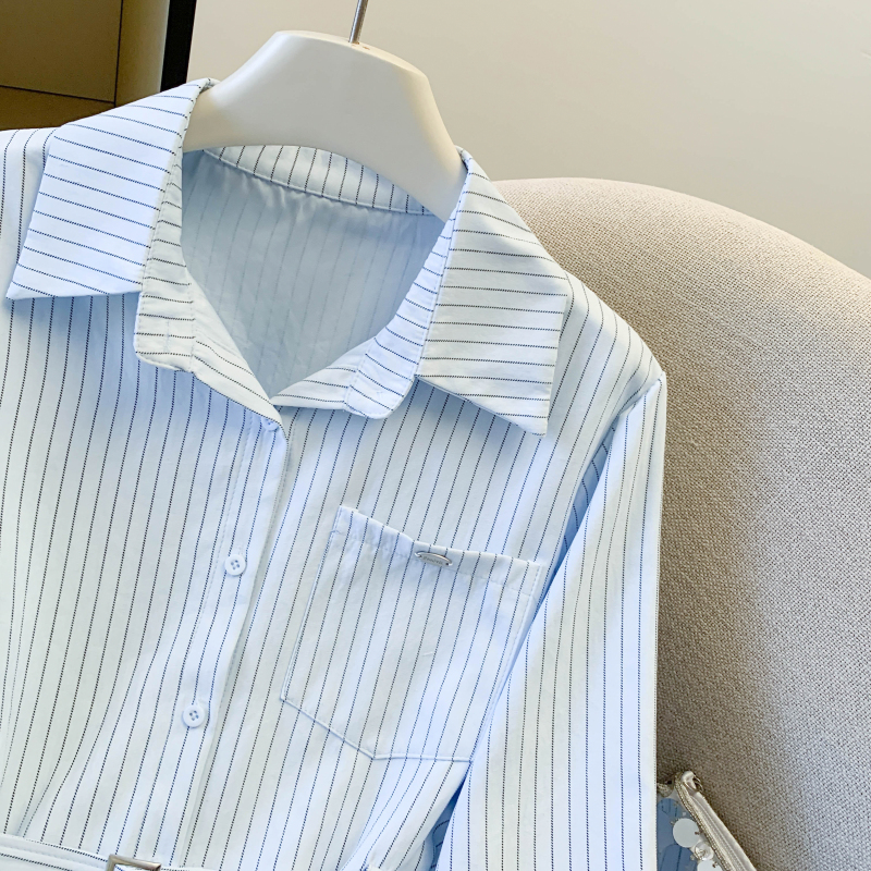Slim pinched waist shirt stripe loose tops for women