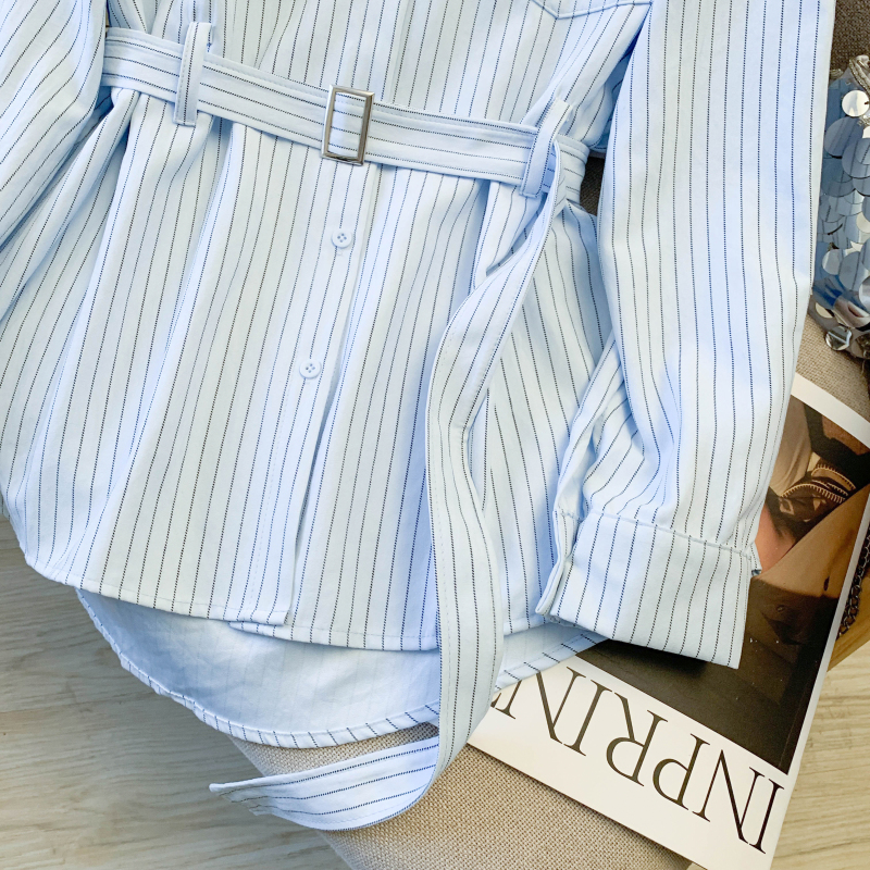 Slim pinched waist shirt stripe loose tops for women