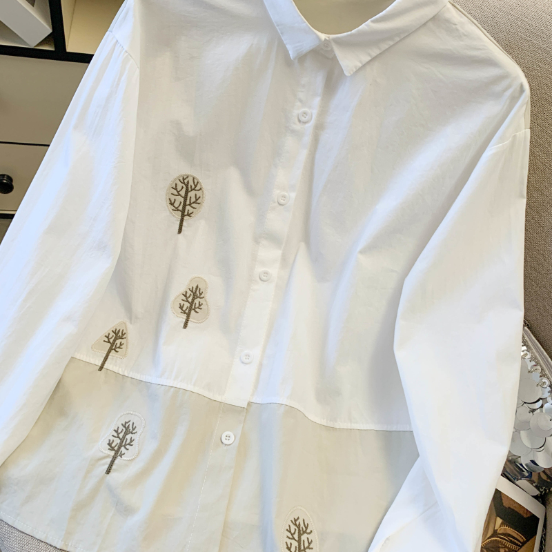 Embroidery spring shirt loose cotton linen tops for women