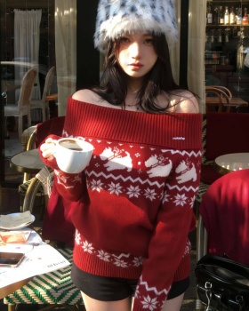 Winter lazy tops red flat shoulder sweater for women