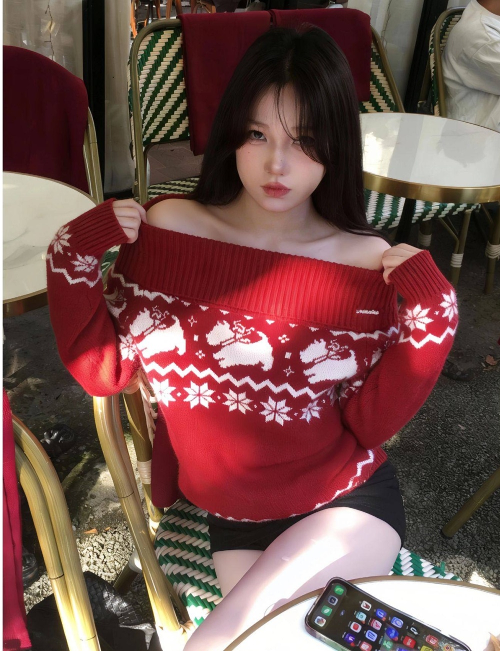 Winter lazy tops red flat shoulder sweater for women