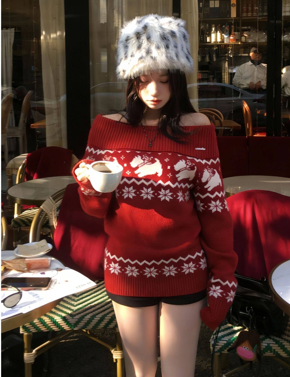 Winter lazy tops red flat shoulder sweater for women