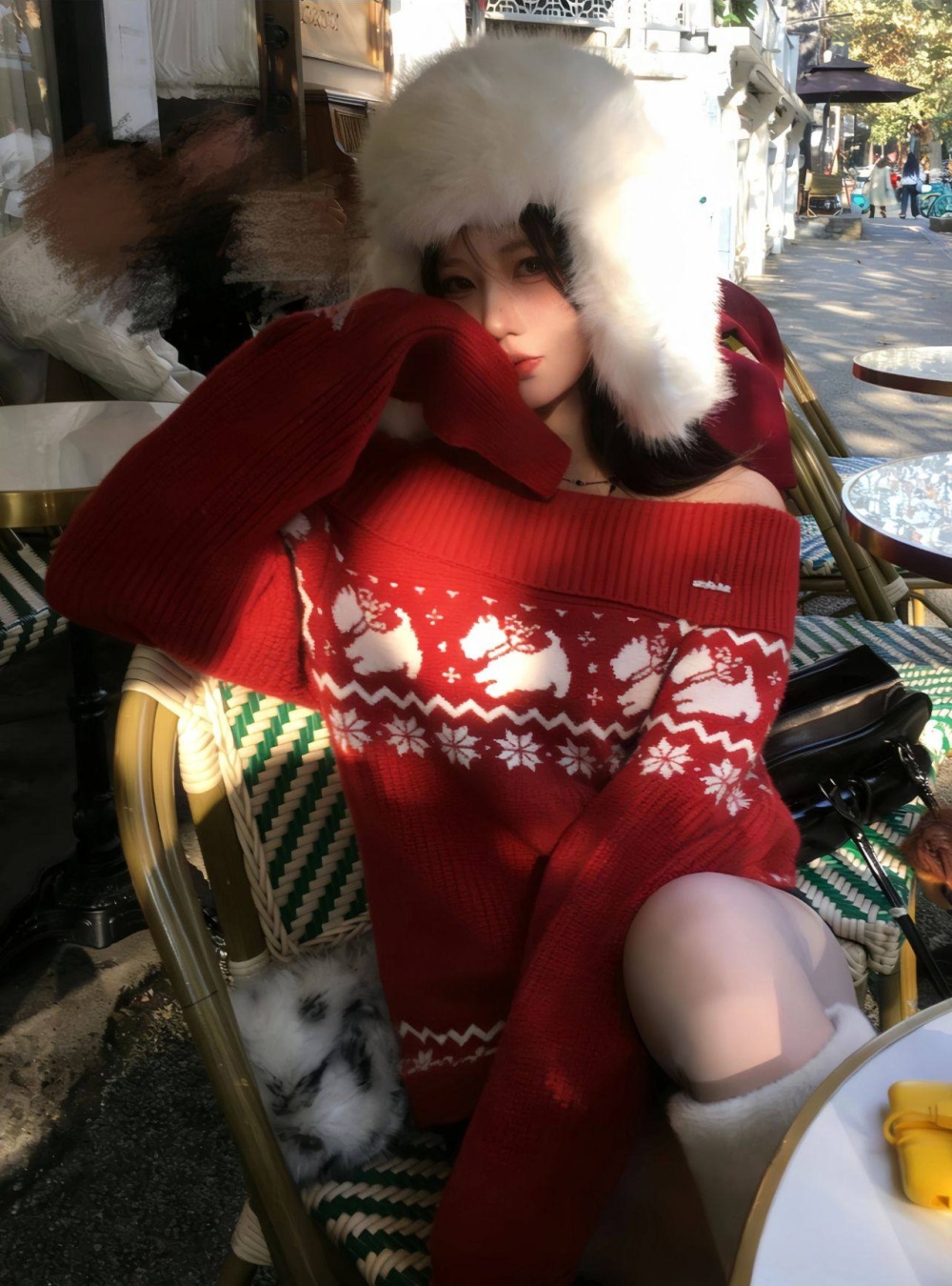 Winter lazy tops red flat shoulder sweater for women