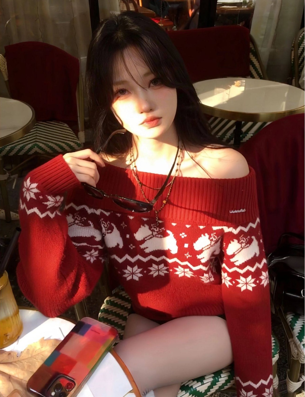 Winter lazy tops red flat shoulder sweater for women