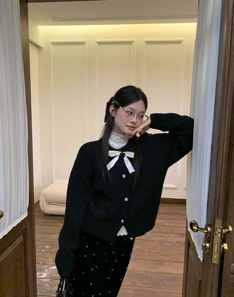 Twist knitted black coat loose all-match winter tops