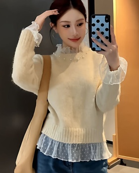 Beading winter red sweater lace splice tops for women