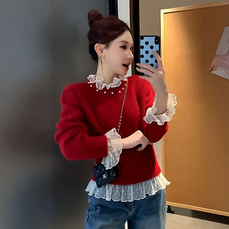 Beading winter red sweater lace splice tops for women