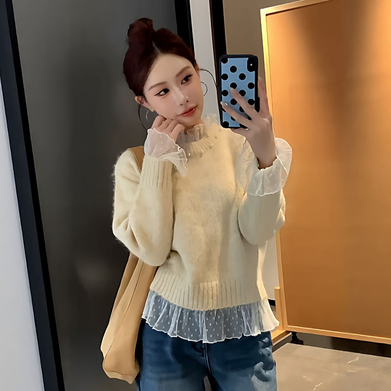 Beading winter red sweater lace splice tops for women