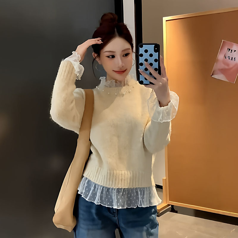 Beading winter red sweater lace splice tops for women