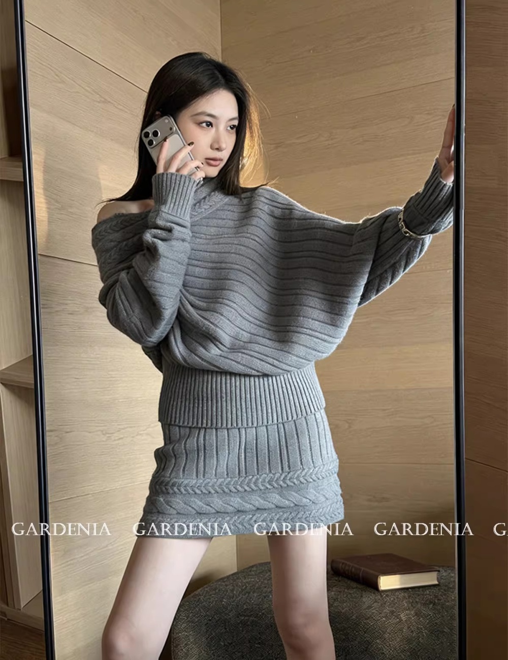 Colors sweater knitted short skirt 2pcs set for women