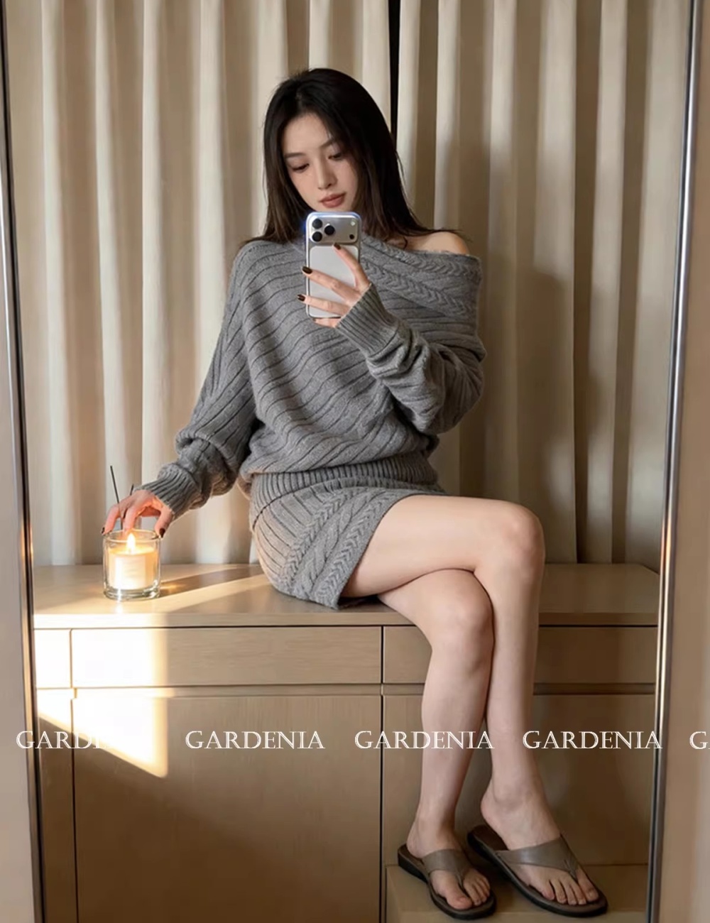 Colors sweater knitted short skirt 2pcs set for women