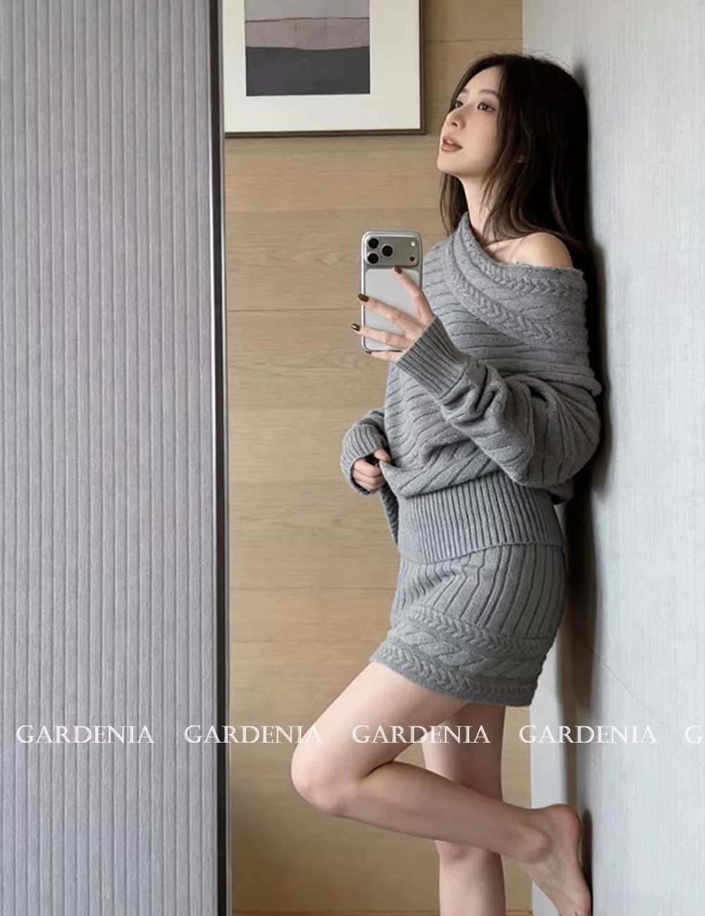 Colors sweater knitted short skirt 2pcs set for women